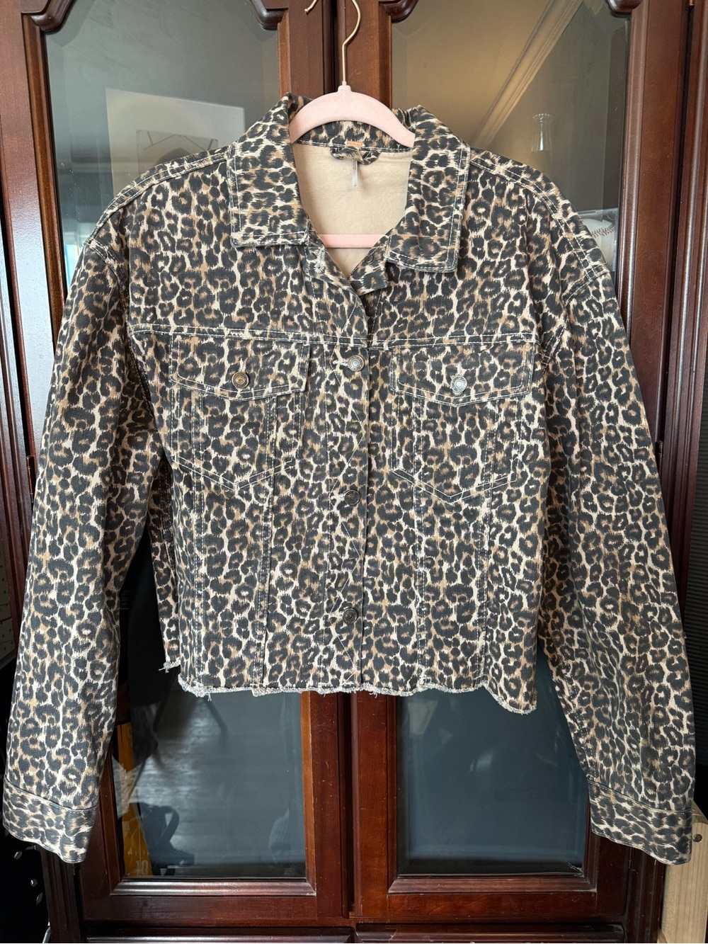 Free People Leopard Print Denim Jacket - Beige & Black